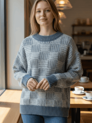 modelo camisola malha entrançada azul ml