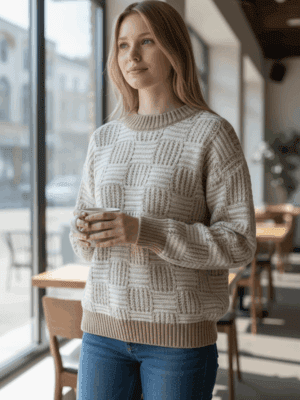 modelo camisola malha entrançada castanhoclaro