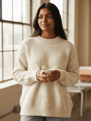 modelo camisola malha entrançada cru