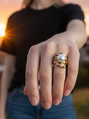 anel pérola statement dourado