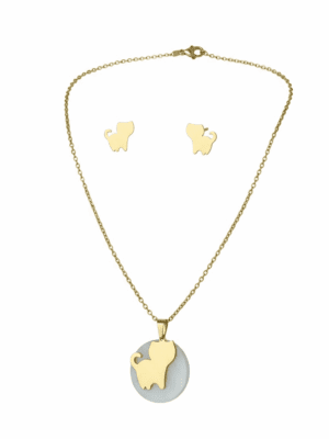 conjunto colar e brincos em aço dourado – tema gato