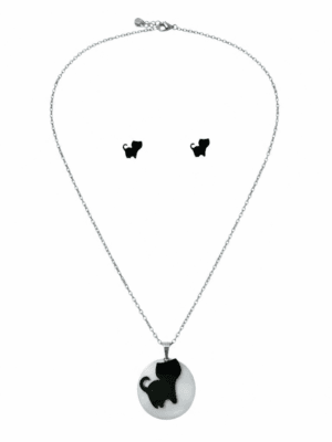 conjunto colar e brincos em aço prateado – tema gato