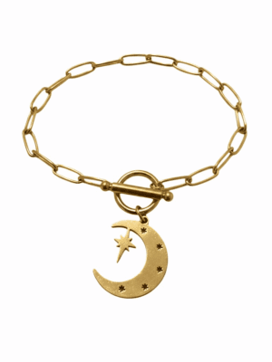 Pulseira Dourada com Pingente de Lua e Estrela